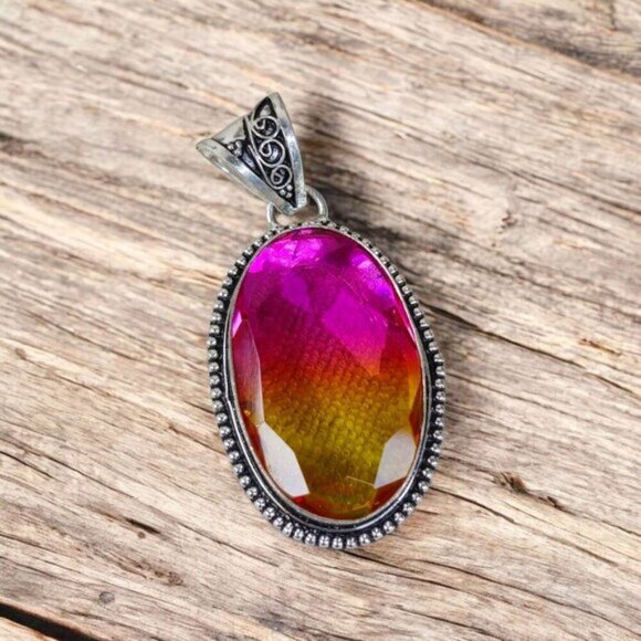 Bi-Color Tourmaline ✦ Sterling Silver Pendant ✦ Victorian Oval Pink & Yellow NWT - Picture 8 of 16